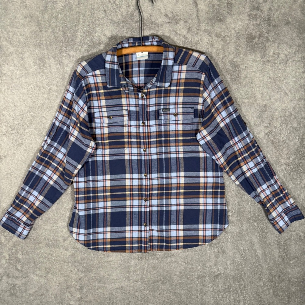 Columbia Womens XL Plaid Flannel Button Down Shirt Navy Blue AL2887 Stretch